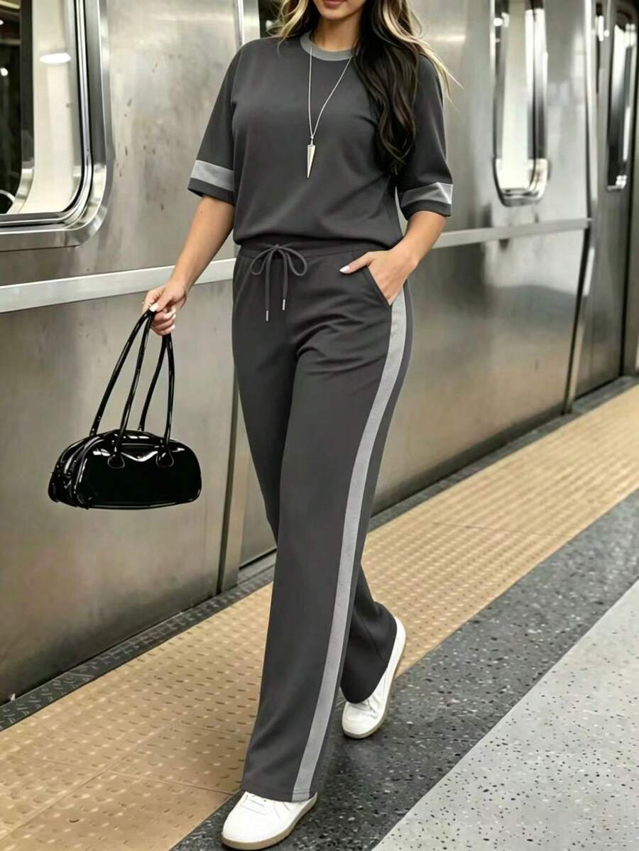 Spring/Summer Women's 2 Pieces Set, Casual Versatile Contrast Color Round Neck Short Sleeve Top And High Waist Drawstring Straight Leg Pants Elegant - Dark Gray + Gray - View 1