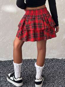 1pc Girls Fashion Versatile Retro Classic Plaid Skirt Spring Summer Autumn Back To School - Red - View 2