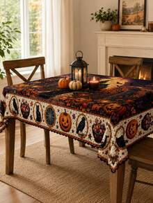1pc-Halloween Tablecloth, Haunted House Black Cat Pumpkin Candy Table Cover, Spooky Gothic Fall Holiday Table Decor For Dining Room Kitchen, Party Home Decoration, Indoor Outdoor Tabletop Cover - Multicolor - View 11