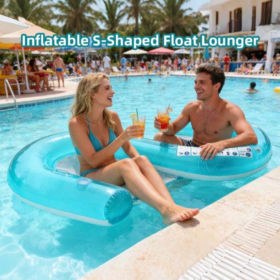 1pc S-Shaped Double Person Inflatable Pool Float, Breathable Mesh Backrest Foldable Couple Water Lounge Mattress, Anti-Tip Large Buoyancy Explosion-Proof Floating Bed, Waterproof PVC Floating Chair - Multicolor - View 1