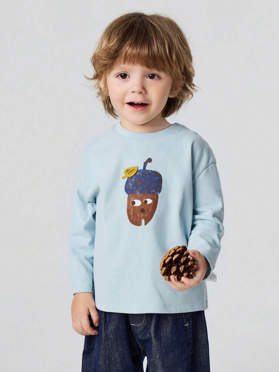 mini bala Kids Cotton Brushed Soft Long Sleeve T-Shirt Cute Print Comfy Base Top 2026 Autumn New Arrival - Gray Blue - View 1