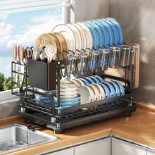 Kusuxva This Double-Layer Metal Kitchen Countertop Dish Rack Is Space-Saving And Durable. It Comes With A Knife And Fork Holder, Cup Holder, Cutting Board Holder, And Rust-Proof Drain Tray. Kitchen Storage Items Help You Keep Your Kitchen Neat And Organized. - Black - View 1