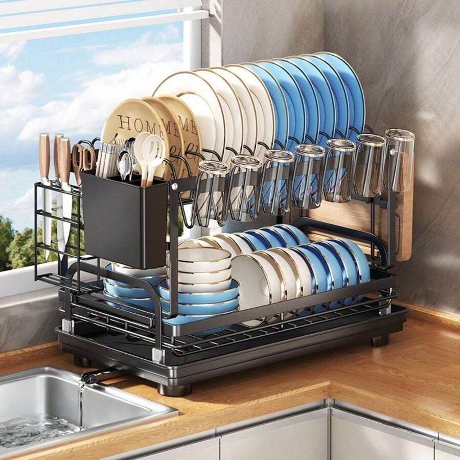 Kusuxva This Double-Layer Metal Kitchen Countertop Dish Rack Is Space-Saving And Durable. It Comes With A Knife And Fork Holder, Cup Holder, Cutting Board Holder, And Rust-Proof Drain Tray. Kitchen Storage Items Help You Keep Your Kitchen Neat And Organized. - Black - View 1