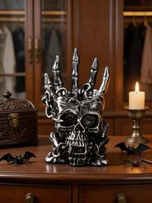1pc Gothic Skull With Skeleton Hand And Gold Chain, Home Office Bedroom Desktop Decor, Punk Rock Horror Style Ornament - A1 - View 2