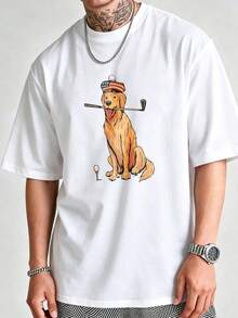 Casual Street Style, Men's T-Shirt, Funny Golden Retriever Golf Dog Graphic Print, Summer Daily Wear, 100% Cotton, Short-Sleeve Crew Neck T-Shirt. - Black - View 4