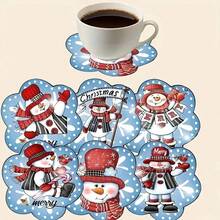 Christmas Snowman Design Wooden Coaster Set, Anti-Slip And Heat-Resistant, Suitable For Home Kitchen, Bedroom Decor, Office, Tea Room Desktop Protection, Perfect For Thanksgiving, Halloween, Christmas Gifts - Multicolor 4 - View 3