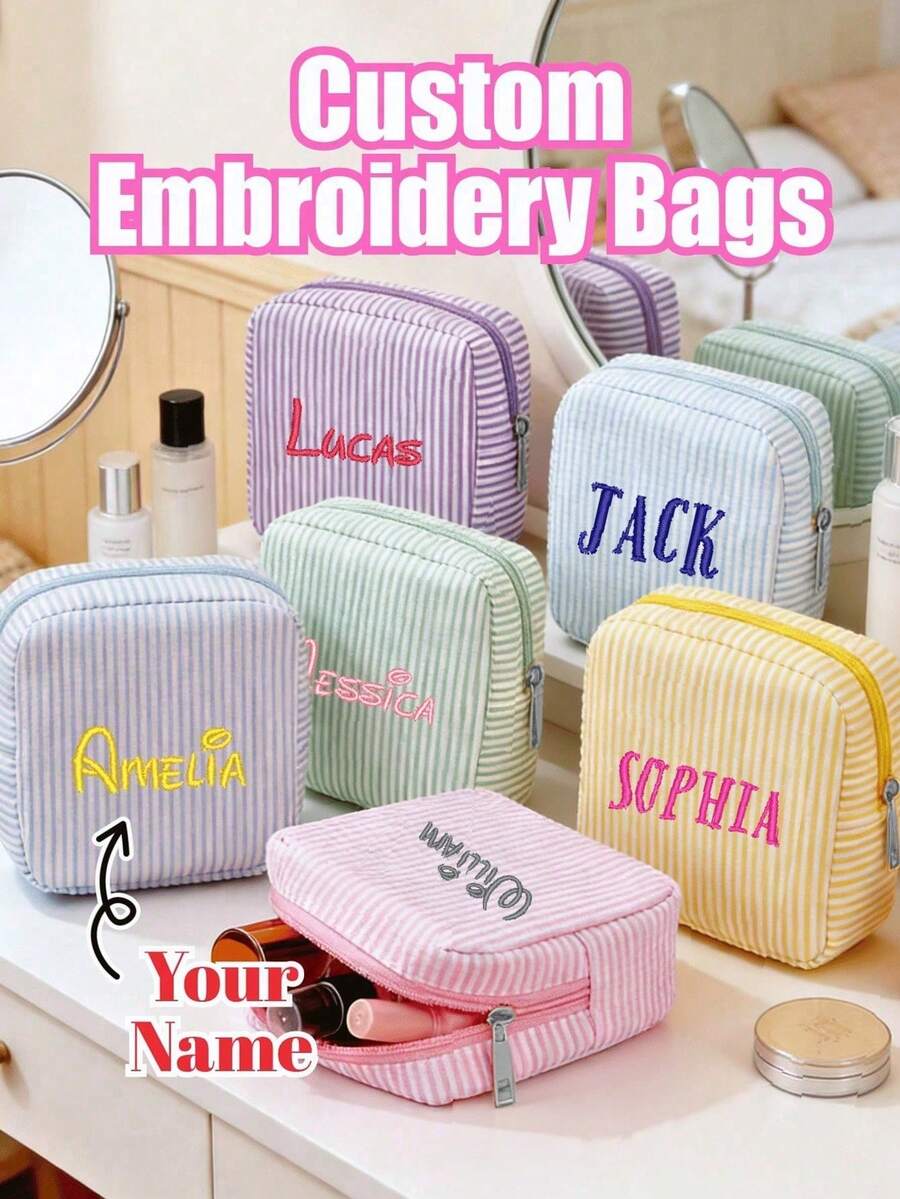 Custom Striped Sanitary Napkin Storage Bag - Personalized Text, Multiple Colors Available. Large Capacity; Can Also Be Used As Daily Makeup Bag Or Storage Pouch. - Multicolor - View 1