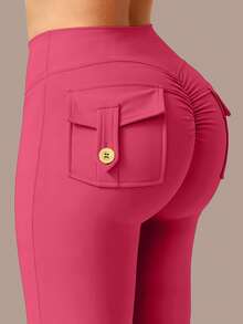 6pecil Rosarote Yoga-Hose mit hoher Taille und ausgestelltem Bein, mit Taschen, gerafftem Po-Lift-Effekt, Peach-Butt-Flare, V-förmiger Bauchkontrolle, Hot Pink Bootcut Leggings für Sport - Rosenrot - Übersicht 7