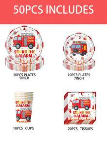 50Pcs Fire Truck Birthday Party Tableware Set With Happy Birthday Banner - Disposable 7/9" Plates & 9oz Cups For Kids'Party Decor - Multicolor - View 19