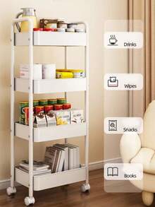 1 pieza Carrito metálico multifuncional de 4 niveles, a prueba de óxido, estante de exhibición multiusos con ruedas, adecuado para aperitivos, suministros de baño, almacenamiento de cocina, fácil de montar, aplicable para cocina, baño, sala de estar, estudio, con función de drenaje, opción de regalo para días festivos y Día de la Madre - Multicolor - Ver 6