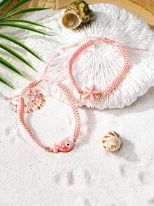 2pcs/Set Tropical Ocean Starfish Fish Design Multi-Layer Bracelet Set, Summer Beach Daily Vacation Party Jewelry - Pink - View 4