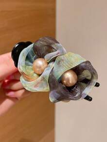 1pc Fashionable Elegant Faux Pearl Mesh Flower Bud Banana Ponytail Hair Claw Clip, Suitable For Daily Wear, Party, Bun Hairstyle, Twist Clip, Perfect For Date, Beach Vacation, Gift Hair Accessory - Multicolor - View 10
