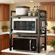 3/2 Tier Expandable Microwave Oven Rack, Heavy Duty Extendable Microwave Shelf Stand With 6 Hooks, Height Adjustable Kitchen Counter Organiser Toaster Baker's Rack (Black) - Black - View 10