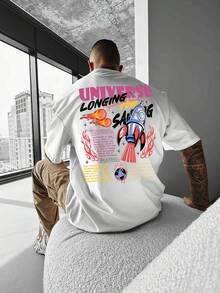 Men's Street Style Rocket Graffiti Print T Shirt - Casual Loose-Fit Round Neck,Breathable Polyester Fiber,Machine Washable - Perfect Choice For Summer - 黑色 - 查看 6