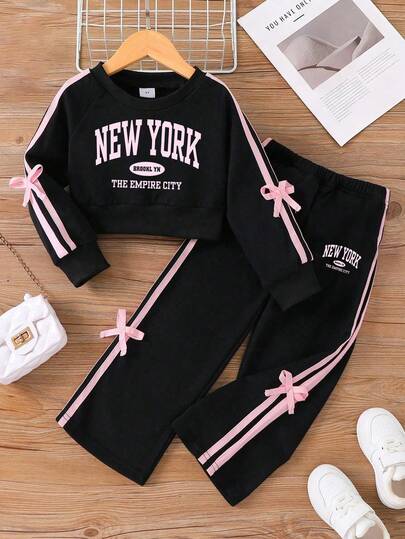 Tween Girl Letter Print Bow Decor Crew Neck Sweatshirt And Pants
