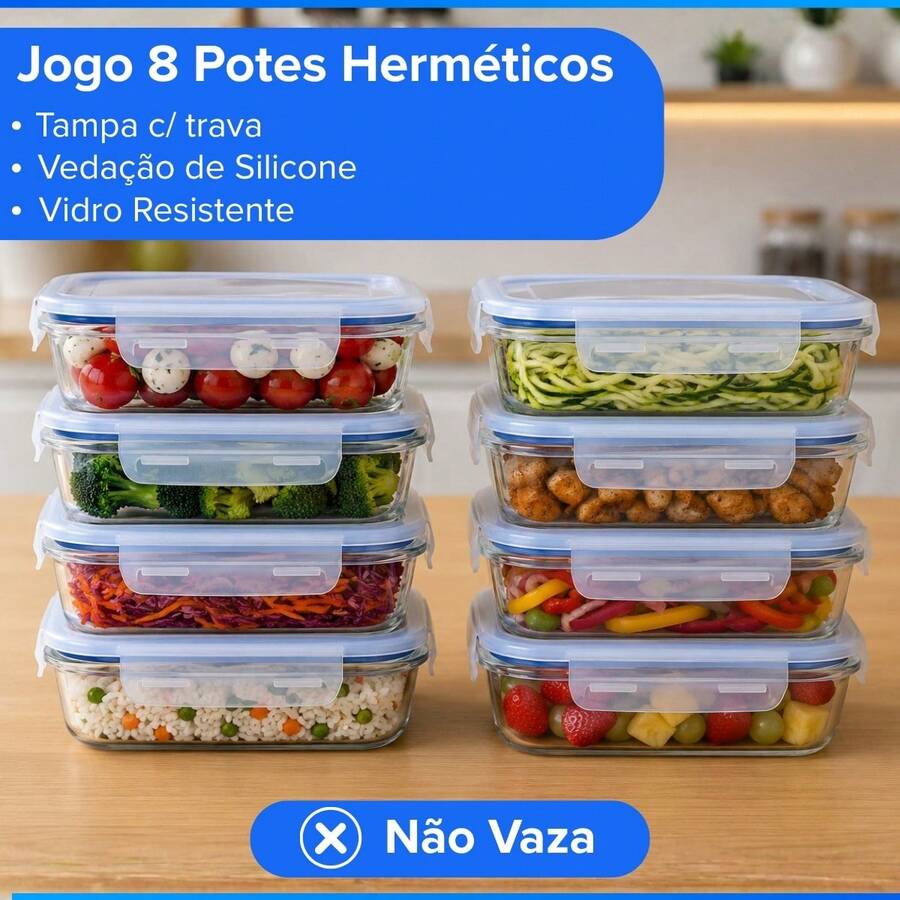 Kit c/ 8 Potes de Vidro Borossilicato Hermético 370ml Congelador Freezer Microondas Forno Marmita Fitness Saudável Lanches Salada - Vermelho - Visão 1