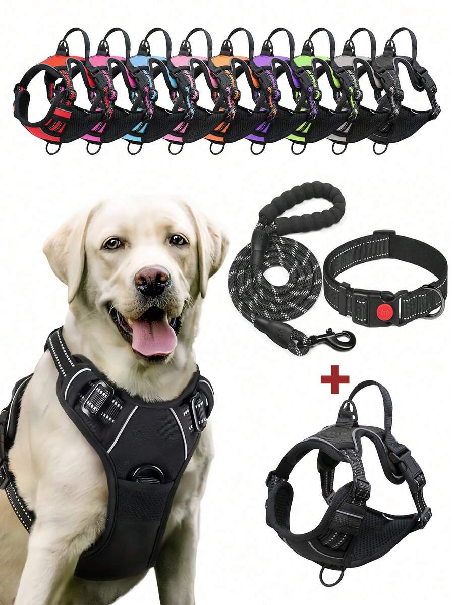 High Reflective Dog Harness Collar Leash Set, Adjustable Thickened Oxford Fabric Vest With Front And Rear Control Handles, Anti-Pull Anti-Choke Design, Durable And Comfortable Pet Gear, Suitable For Outdoor, Small Medium Large Dogs, Multiple Sizes Available - Multicolor - View 1