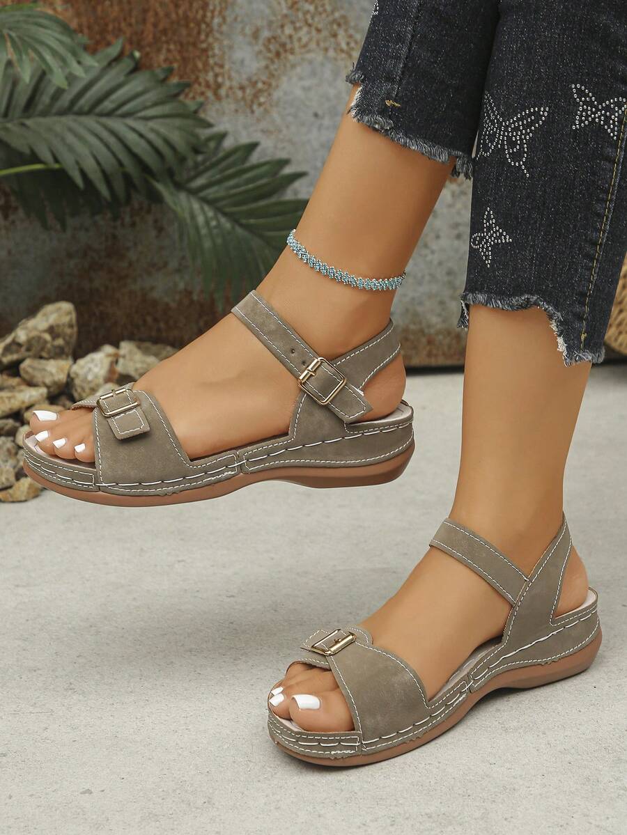 Women's Sandals, Comfortable & Lightweight, Single Buckle Design, Elegant & Fashionable, Suitable For Daily Wear, Summer Khaki Color