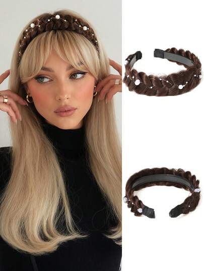 Women's Brown Faux-Pearl Braided Headband – A Stylish Everyday Accessory Featuring A Synthetic Fiber Braid Design That Creates A French-Braid Look; Suitable For Daily Wear And Available In Multiple Colors