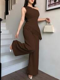 abyoxi Women's Coffee Brown Sleeveless One-Shoulder Top And Wide-Leg Pants 2-Piece Set, Sexy And Elegant, Suitable For Office Commute, Daily Outings, Formal Dinners, Dates, Parties, Weddings, Valentine's Day And Other Occasions, Fitted Top And Long Pants Summer Set