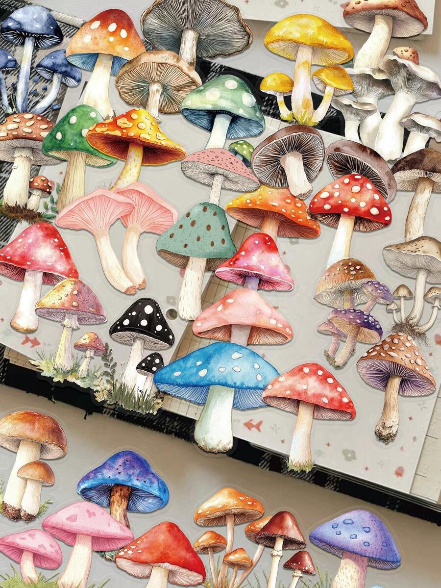 50pcs Mushroom Stickers For Phone Case, Refrigerator, Planner, Diary, Guitar, Scrapbook, Planner, Luggage, Helmet, Skateboard, Laptop School Supplies - Mushroom - View 1