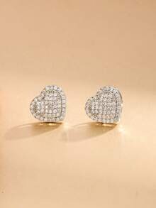 2pcs Luxury Fashion White Gold Plated Color-Preserving Round Cubic Zirconia Heart-Shaped Stud Earrings For Women Daily Wear/Holiday Gift - Silver - View 4