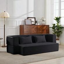 2-In-1 Convertible Corduroy Sofa Bed, Modular Floor Sofa, No Assembly Required, Fold-Out Sofa Bed With 2 Cushions - 黑色 - 查看 5