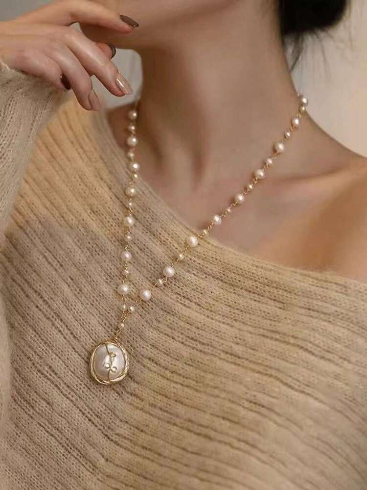 1pc Women's Long Pearl Necklace, Handmade Asymmetrical Faux Pearl Pendant Sweater Chain, Elegant Lightweight Bohemian Layered Jewelry Gift - White - View 4