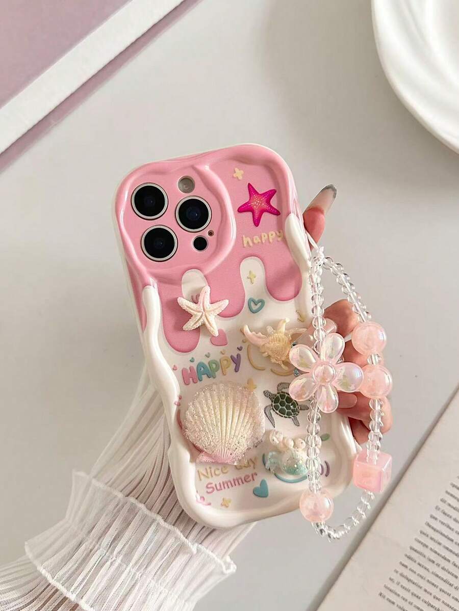 Cartoon Starfish Shell Accessory Painted Oil Wave Edge Print Protective Case With Chain Accessory New Style Compatible With IPhone 17/17 Pro/17 Pro Max/16/16 Pro Max/15/14/XR/7/8/15 Pro Max/13/11/XS Soft Case P12 Anti-Drop Creative Straight Edge Painted - Multicolor - View 1