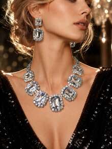Conjunto de pendientes y collar con strass de moda, conjunto de joyería para novia, boda y banquete - Plateado - Ver 5