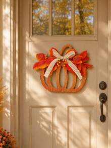1PC Autumn Pumpkin Door Hanging Decor, Thanksgiving Front Door Wreath, Pumpkin Door Sign, Paired With Artificial Maple Leaves, Berries And Burlap Bow, American Farmhouse Style Porch, Wall, Window, Entryway Hanging Decoration, Suitable For Harvest Festival, Seasonal Home Party Decor - Style 1 - View 9