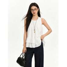 Camiseta sin mangas de color café vintage versátil y amigable con la piel, de unicolor con ribete de volantes, camisola para citas nocturnas, vacaciones, hogar, uso diario en verano - Blanco - Ver 3