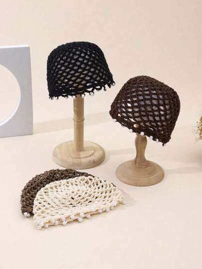 1pc Women's Y2K Handmade Knitted Checkered Pearl Decor Hollow Breathable Bucket Hat, Suitable For Travel, Beach Photos, Daily Wear, Knitted Hat