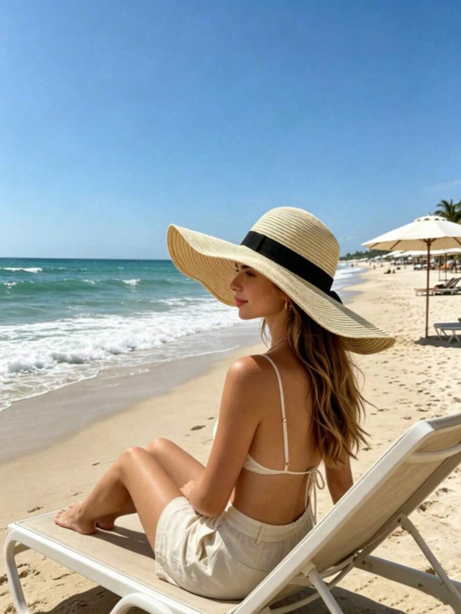 1件女款寬邊草帽-防紫外線夏季遮陽帽,配黑色緞帶-可折疊海灘帽,適合度假旅行 - 彩色 - 查看 1