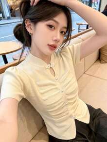 女款素色鏤空休閒針織上衣 夏季 - 杏色 - 查看 5