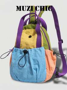 Color-Blocked Nylon Backpack, Multi-Colored Drawstringstylish Patchwork For Teenagers And Students, Suitable For School Commuting And Daily Outings. - Multicolor - View 4