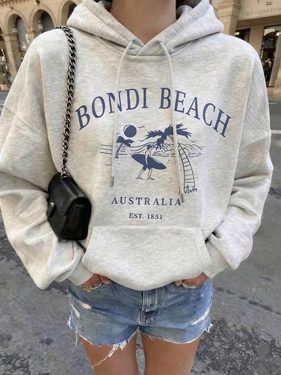 Plus Size Bondi Beach Coconut Tree & Surf Pattern Lightweight Pullover Hoodie, Loose Fit, Dropped Shoulder Design, With Pockets Casual Vacation - Light Grey - View 1