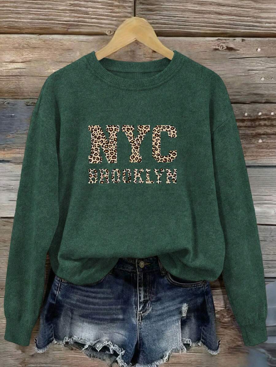 Plus Size Women's Vintage New York Brooklyn Leopard Print Crew Neck Long Sleeve Faux Sweater, Casual Pullover Top, Women's Autumn Clothing, Women's Winter Clothing, Suitable For Daily Wear And Parties