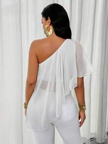 AIJ Top elegante de tela tejida blanca, diseño asimétrico sin mangas de un solo hombro, estilo de moda semi-transparente para verano - blanquecino - Ver 2