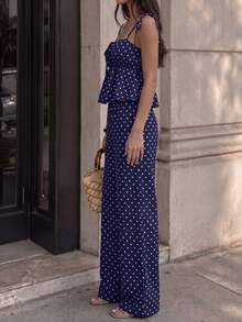 Polka Dot Leinen Weite Beine Zweiteiler Set Quadratischer Ausschnitt Camisole Top + Lange Hose Italienischer Sommer Strand Urlaubsstil Geeignet für Brunch, Date Night, Ausflug - marineblau - Übersicht 5