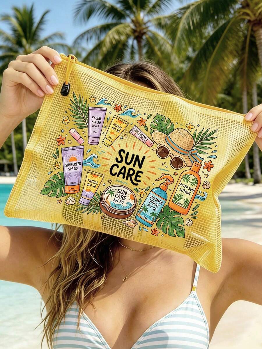 「SUN CARE」印花時尚防水 PVC 沙灘包,彩色字母印花,A4 尺寸,透明化妝包配尼龍拉鍊,適合游泳、潛水與夏季度假,輕量,年輕成人通用,沙灘包配件,旅行必需品,旅行配件,假期必需品,假期旅行包 - 彩色 - 查看 1