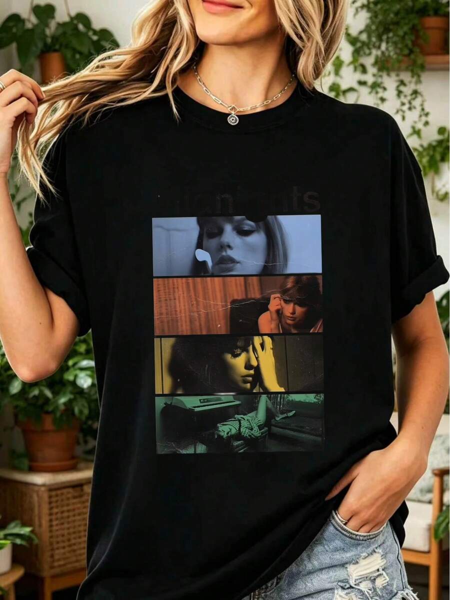 Taylor SwiftSwift T-Shirt 100% Cotton Midnights Album Retro Photo Grid Tee - 黑色 - 查看 1
