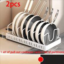 2pcs/1pc Pull-Out Kitchen Storage Rack, Flat Bottom Pan Storage Rack, Under Cabinet Kitchen Storage Tool, Cabinet Organizer, Pot Lid Rack With 8 Adjustable Compartments And Sliding Rails, Kitchen Sliding Pot Lid Panel Rack And Flat Bottom Pan Organizer/Cabinet Sliding Storage Rack Kitchen Supplies. Used For Storing Pots, Pot Lids, Bowls, Plates, Baking Tools On Kitchen Countertop Home Kitchen Utensils - Storage Rack - View 14