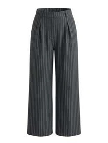Women's Striped Pleated Wide Leg Loose Casual Commuter Long Pants - Grey - View 7