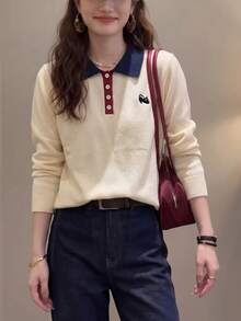 Women's Casual Colorblock Design Cat Embroidery Crew Neck Long Sleeve Knit Sweater, Autumn/Winter White Fall - White - View 4