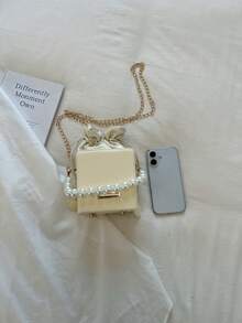 1 pieza Bolso bandolera portátil de moda con cordón, de PU de unicolor con relieve a rayas y decoración de cadena de perlas mini, adecuado para el uso diario de las mujeres - Beis - Ver 3