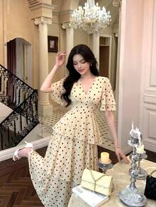 Women's New Elegant Short Sleeve Fashion Polka Dot Multi-Layer Patchwork Design Slimming Luxury Dress Summer - Apricot - View 6