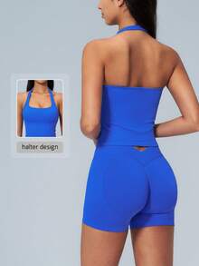 NcmRyu Women's One Set Solid Color Square Neck Halter Backless Tank Top With V-Shaped Hip-Lifting Shorts Sports Suit - Blue - View 11