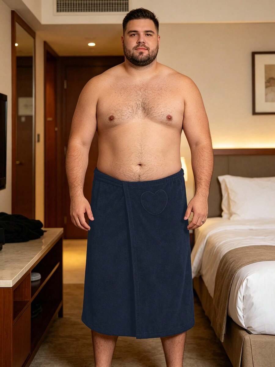 Men's Plus Size Terry Cloth Wrap Skirt Big & Tall Adjustable Bath Skirt With Pocket Absorbent Shower Wrap For Spa Gym Home - Navy Blue - View 1