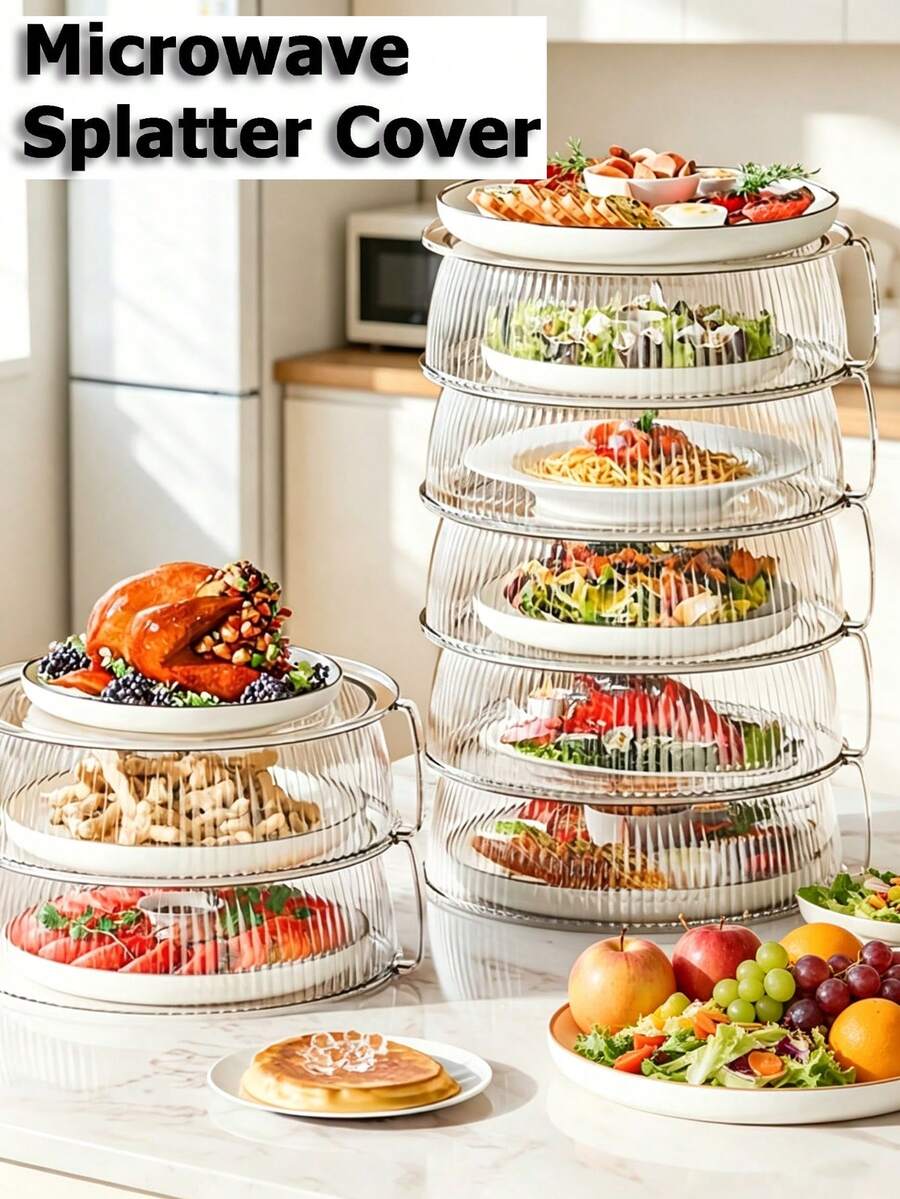 1pc Multi-Functional Microwave Splash Guard Cover, Microwave Food Heating Lid, Stackable, Suitable For Vegetables, Fruits And Plates, Camping, Outdoor BBQ, Home Use, Camping Essential, Stackable Design - View 1